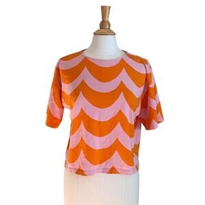 Marimekko Uniqlo Pink Orange Waves Print Short Sleeve Cotton Cropped T-Shirt, M